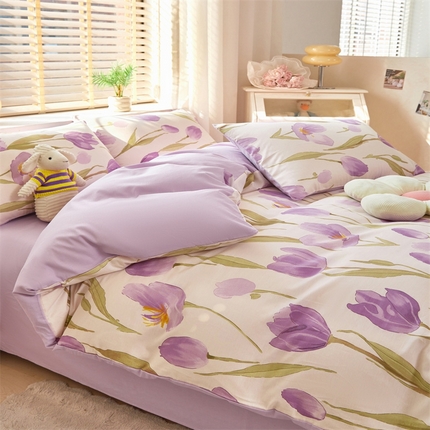 梦舒羽2025新款全棉小清新印花加厚宿舍床单床裙款四件套 紫色郁金香-全棉