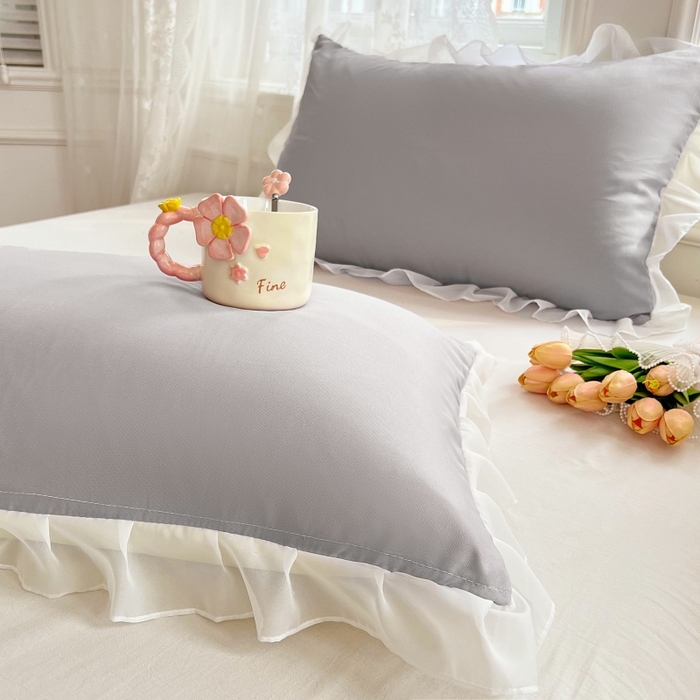 91家纺网 家纺一手货源 找家纺 梦舒羽  2025新款针织棉双层纱花边枕头套双人枕套枕芯套宿舍单人枕头内胆套 花边款-浅灰