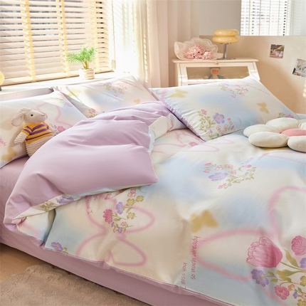 91家纺网 家纺一手货源 找家纺 （总）梦舒羽2025新款全棉小清新印花加厚宿舍床单床裙款四件套
