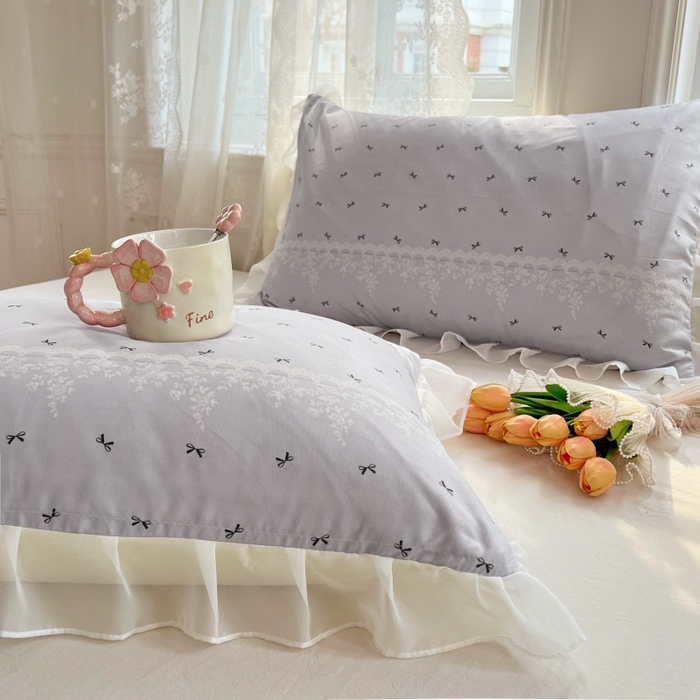 91家纺网 家纺一手货源 找家纺 梦舒羽  2025新款针织棉双层纱花边枕头套双人枕套枕芯套宿舍单人枕头内胆套 花边款-蝴蝶结