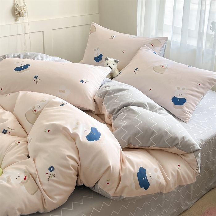 91家纺网 家纺一手货源 找家纺  本制 2025新款12868全棉印花四件套 起司兔-粉