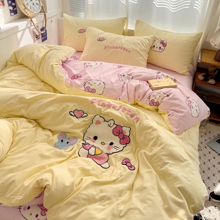 罗亿家纺 2025新款云朵棉可爱毛巾绣系列四件套 可爱小猫-黄