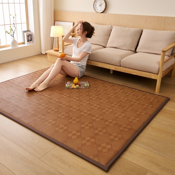 91家纺网 家纺一手货源 找家纺 艺博床垫 2025新款竹藤席地垫 九宫格-棕