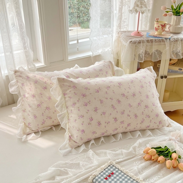 91家纺网 家纺一手货源 找家纺 梦舒羽  2025新款针织棉双层纱花边枕头套双人枕套枕芯套宿舍单人枕头内胆套 花边款-花朝如约