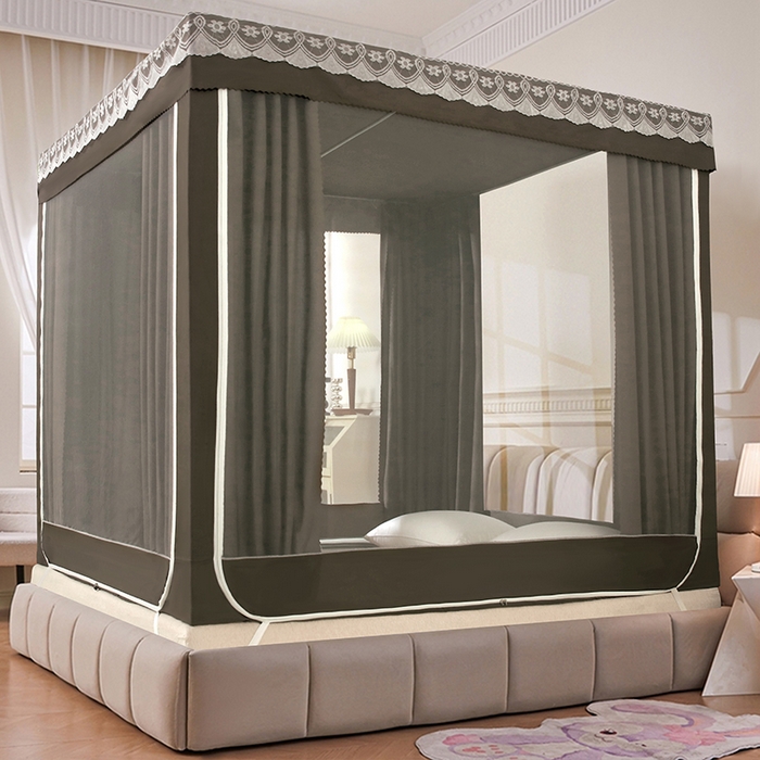 91家纺网 家纺一手货源 找家纺 显高蚊帐 2025新款U型坐床遮光防尘床帘式蚊帐 时尚摩卡