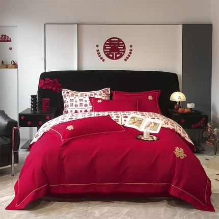 91家纺网 家纺一手货源 找家纺 （总）床绮 2025新款百喜印花婚庆四件套-风格一