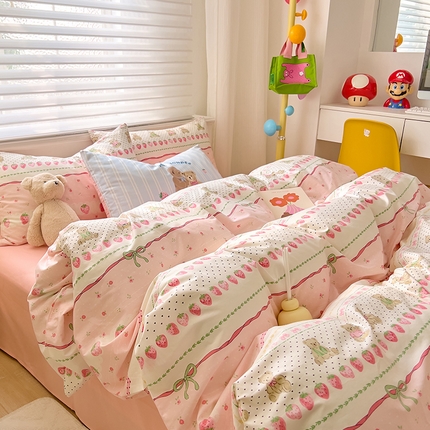 91家纺网 家纺一手货源 找家纺 DoDo兜兜2025新款40支13372全棉印花四件套 粉粉草莓