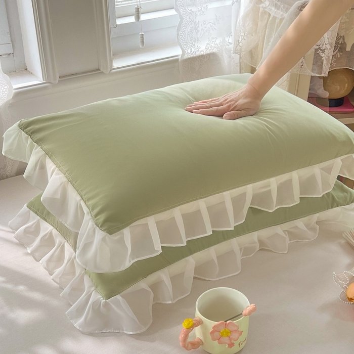 91家纺网 家纺一手货源 找家纺 梦舒羽  2025新款针织棉双层纱花边枕头套双人枕套枕芯套宿舍单人枕头内胆套 花边款-豆绿