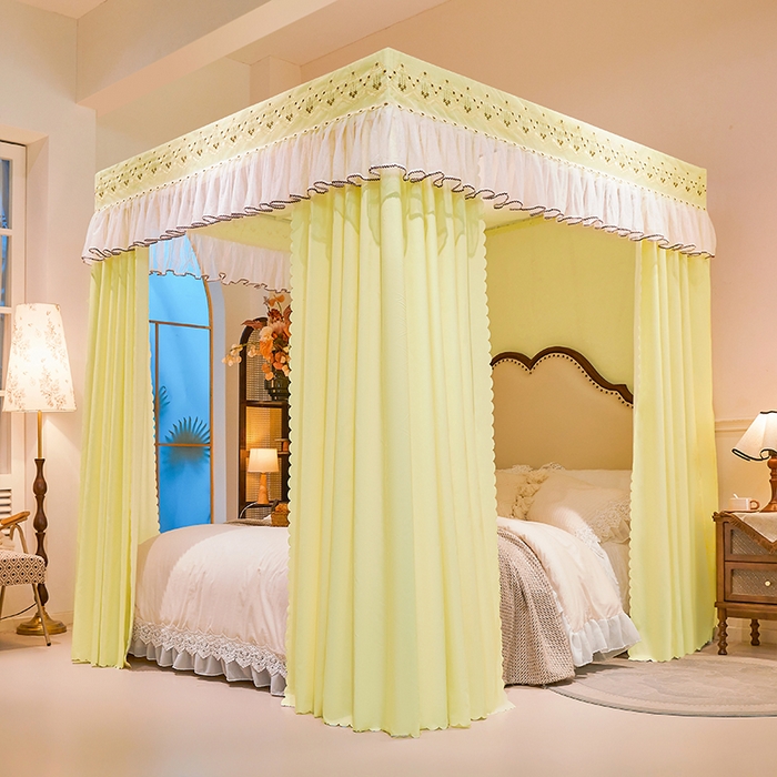 91家纺网 家纺一手货源 找家纺 锦逸家居 2025新款双层遮光防蚊落地蚊帐 鹅黄色