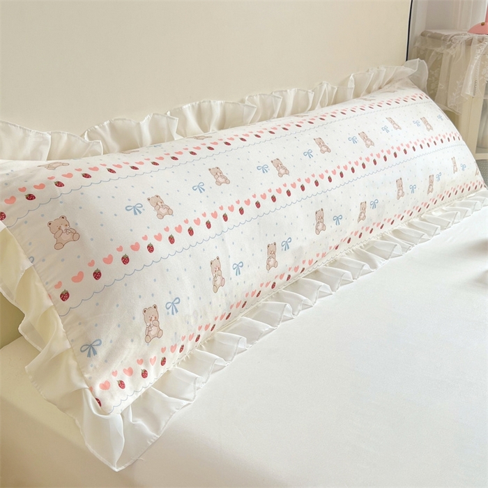 91家纺网 家纺一手货源 找家纺 梦舒羽2025新款针织棉双层纱花边枕头套情侣双人枕套枕芯套枕头内胆套 花边款-草莓熊宝