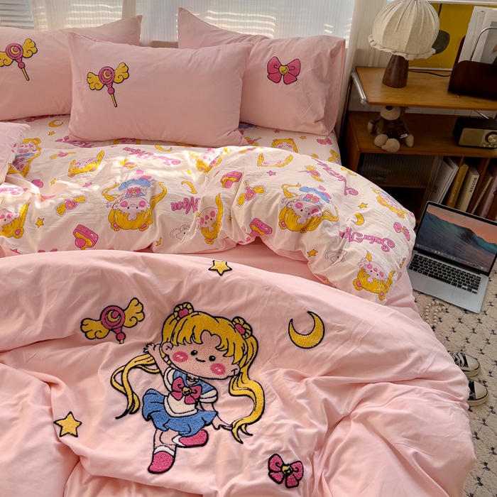 91家纺网 家纺一手货源 找家纺 罗亿家纺 2025新款云朵棉可爱毛巾绣系列四件套 美少女战士