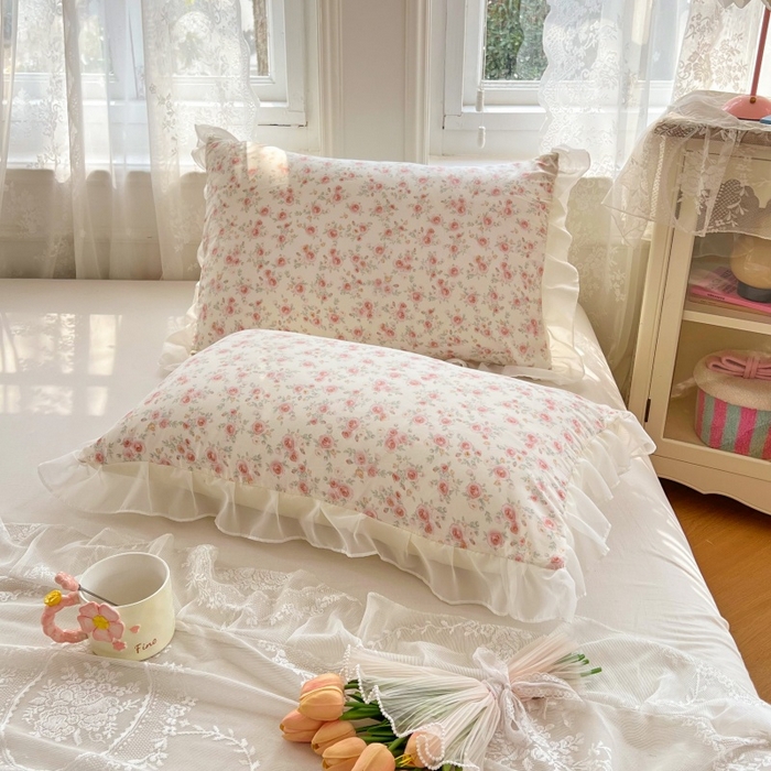 91家纺网 家纺一手货源 找家纺 梦舒羽  2025新款针织棉双层纱花边枕头套双人枕套枕芯套宿舍单人枕头内胆套 花边款-情迷花海