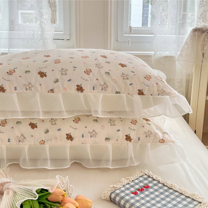 91家纺网 家纺一手货源 找家纺 梦舒羽  2025新款针织棉双层纱花边枕头套双人枕套枕芯套宿舍单人枕头内胆套 花边款-蛋糕萌犬