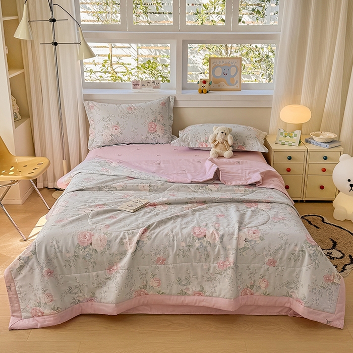 91家纺网 家纺一手货源 找家纺 梦依依 2025新款小清新印花系列里外全棉棉花被夏被四件套 华庭庄园-蓝