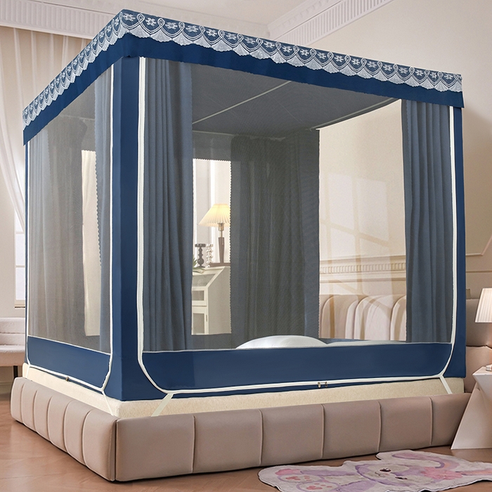 91家纺网 家纺一手货源 找家纺 显高蚊帐 2025新款U型坐床遮光防尘床帘式蚊帐 宝石蓝