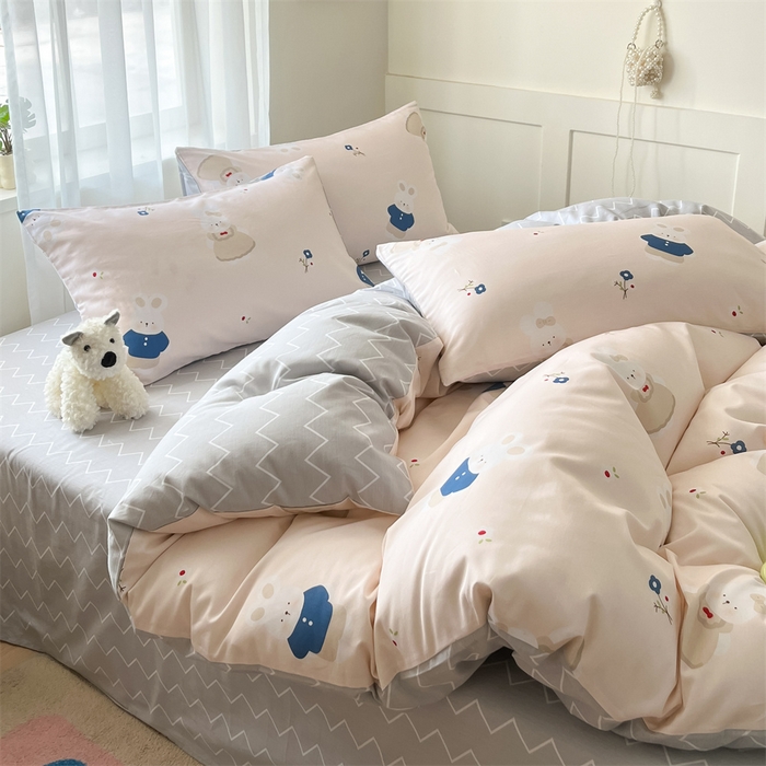 91家纺网 家纺一手货源 找家纺  本制 2025新款12868全棉印花四件套 起司兔-粉