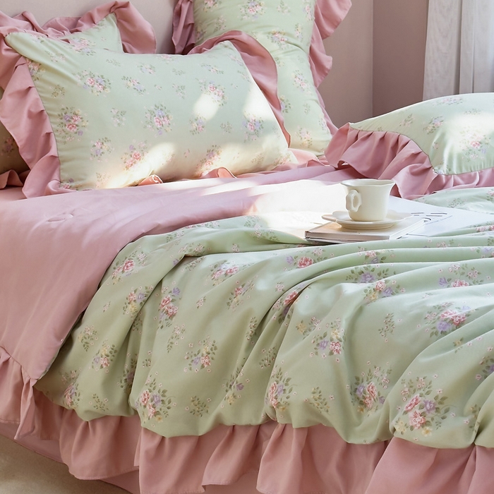 91家纺网 家纺一手货源 找家纺 梦莱斯2025新款针织棉夏被四件套 粉绿色彩