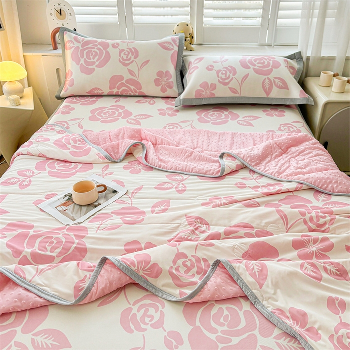 91家纺网 家纺一手货源 找家纺 雯豆2025春夏新款凉感丝夏被空调被子印花A类卡通小清新夏被 冰丝夏被四件套-温语