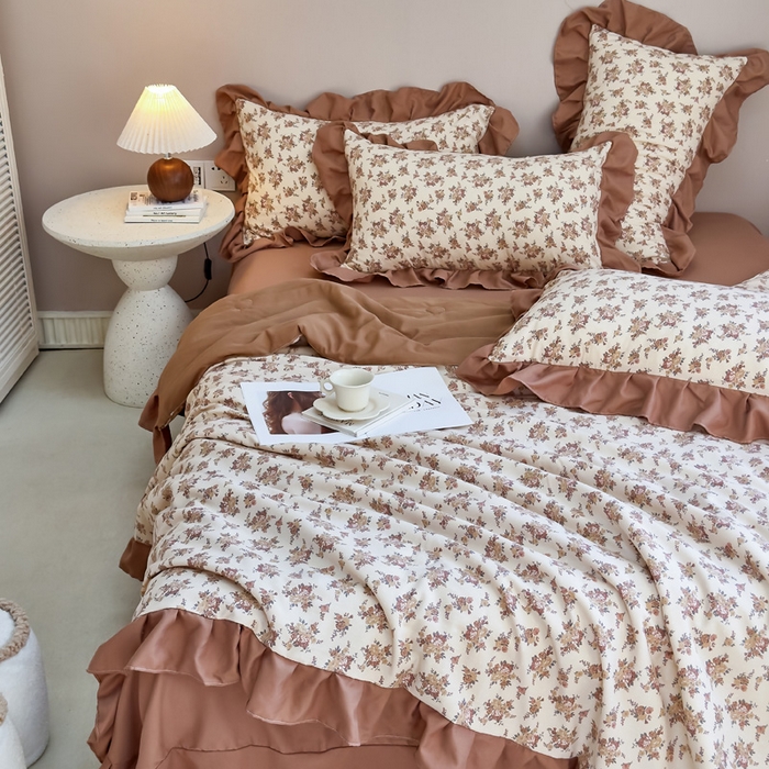 91家纺网 家纺一手货源 找家纺 梦莱斯2025新款针织棉夏被四件套 枫叶小镇