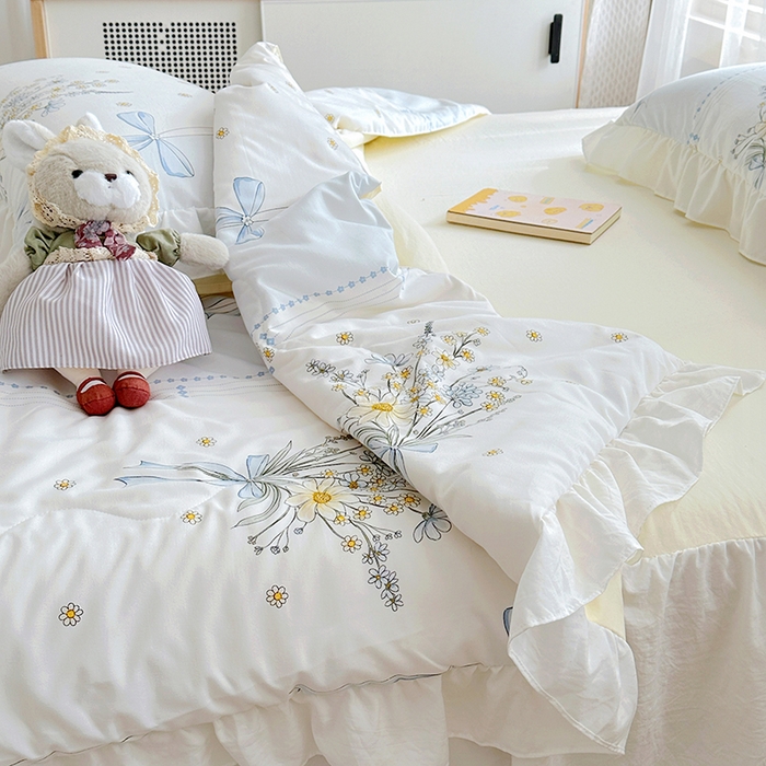 91家纺网 家纺一手货源 找家纺 家贝爱 2025新款泡泡纱水洗棉花边床单/床裙款夏被四件套夏凉被 莫兰清香