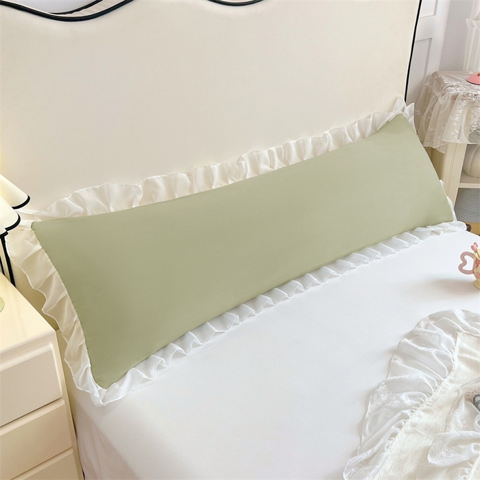 91家纺网 家纺一手货源 找家纺 梦舒羽2025新款针织棉双层纱花边枕头套情侣双人枕套枕芯套枕头内胆套 花边款-豆绿