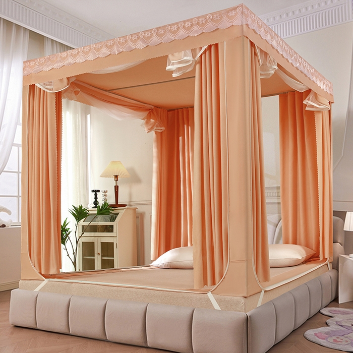 91家纺网 家纺一手货源 找家纺 显高蚊帐 2025新款U型坐床遮光防尘床帘式蚊帐 温馨黄