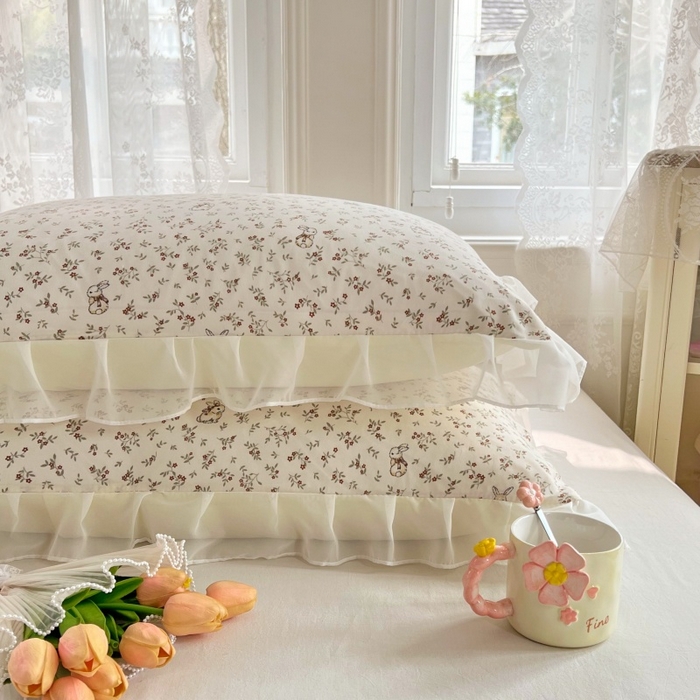 91家纺网 家纺一手货源 找家纺 梦舒羽  2025新款针织棉双层纱花边枕头套双人枕套枕芯套宿舍单人枕头内胆套 花边款-花仙子