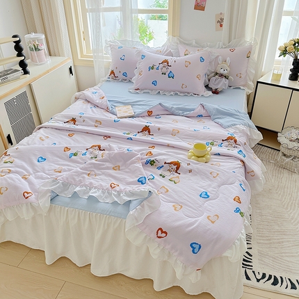 91家纺网 家纺一手货源 找家纺 （总）家贝爱 2025新款泡泡纱水洗棉花边床单/床裙款夏被四件套夏凉被