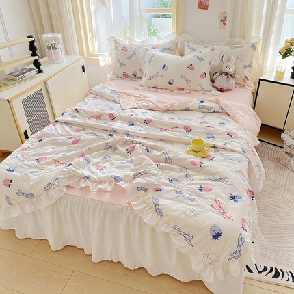 91家纺网 家纺一手货源 找家纺 （总）家贝爱 2025新款泡泡纱水洗棉花边床单/床裙款夏被四件套夏凉被