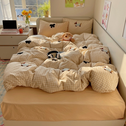 2025新款蝴蝶结腊肠狗毛巾绣云朵棉四件套 咖格腊肠狗