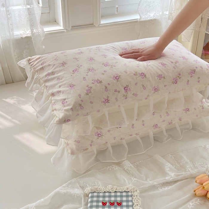 91家纺网 家纺一手货源 找家纺 梦舒羽  2025新款针织棉双层纱花边枕头套双人枕套枕芯套宿舍单人枕头内胆套 花边款-花朝如约