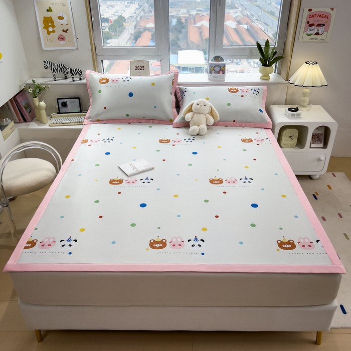 91家纺网 家纺一手货源 找家纺 丝羽坊 2025新款小版印花冰丝凉席平铺床席款冰丝席碳光冰丝凉席 熊点点