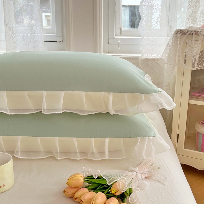 91家纺网 家纺一手货源 找家纺 梦舒羽  2025新款针织棉双层纱花边枕头套双人枕套枕芯套宿舍单人枕头内胆套 花边款-浅清绿