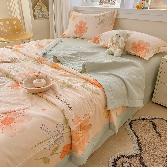 91家纺网 家纺一手货源 找家纺 梦依依 2025新款小清新印花系列里外全棉棉花被夏被四件套 班纳花园