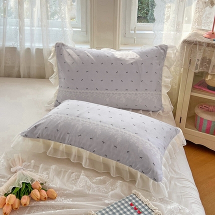 91家纺网 家纺一手货源 找家纺 圣比熊 2025新款针织棉双层纱花边枕头套双人枕套枕芯套宿舍单人枕头内胆套 花边款-蝴蝶结