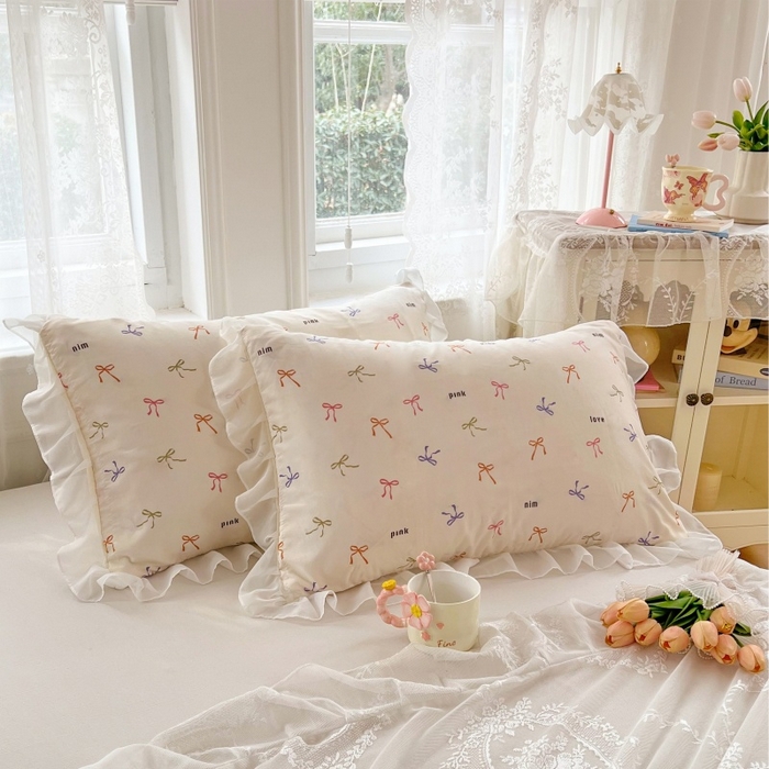 91家纺网 家纺一手货源 找家纺 梦舒羽  2025新款针织棉双层纱花边枕头套双人枕套枕芯套宿舍单人枕头内胆套 花边款-彩色心情