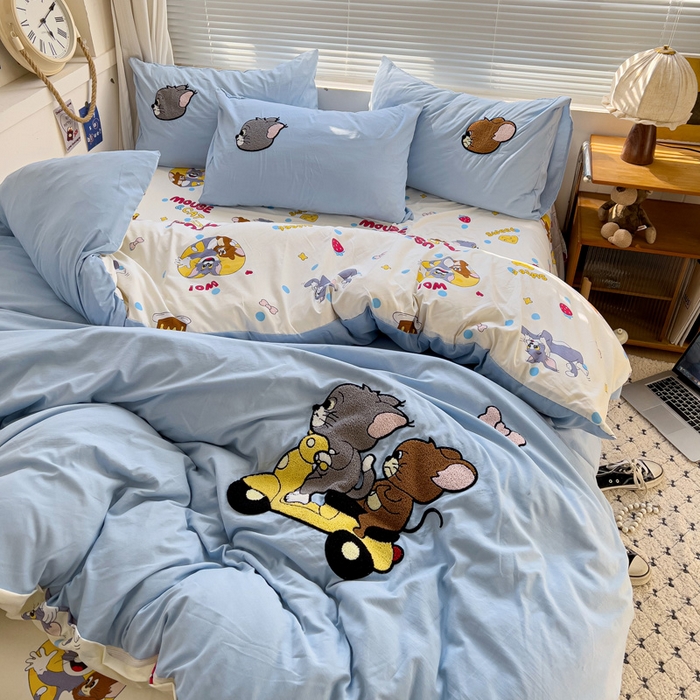 91家纺网 家纺一手货源 找家纺 罗亿家纺 2025新款云朵棉可爱毛巾绣系列四件套 汤姆和杰瑞