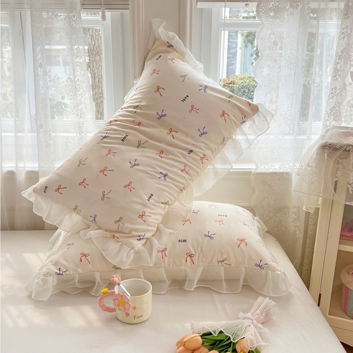 91家纺网 家纺一手货源 找家纺 梦舒羽  2025新款针织棉双层纱花边枕头套双人枕套枕芯套宿舍单人枕头内胆套 花边款-彩色心情