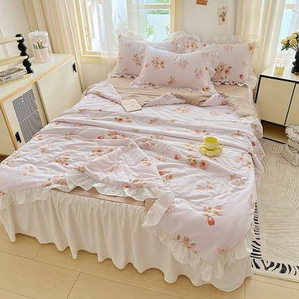 91家纺网 家纺一手货源 找家纺 （总）家贝爱 2025新款泡泡纱水洗棉花边床单/床裙款夏被四件套夏凉被