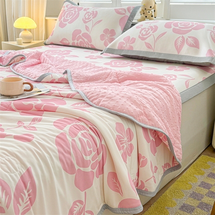 雯豆2025春夏新款凉感丝夏被空调被子印花A类卡通小清新夏被 冰丝夏被四件套-温语