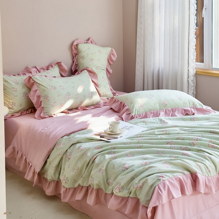 91家纺网 家纺一手货源 找家纺 梦莱斯2025新款针织棉夏被四件套 粉绿色彩