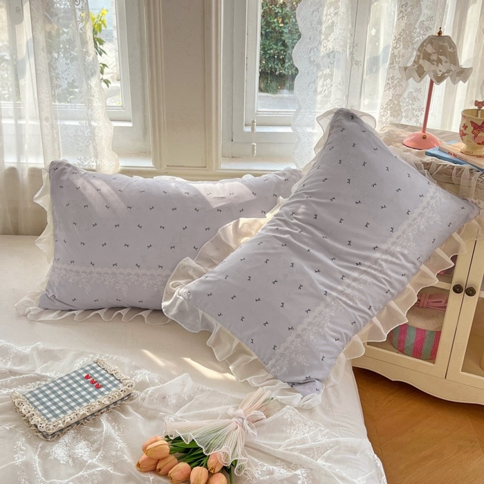 91家纺网 家纺一手货源 找家纺 梦舒羽  2025新款针织棉双层纱花边枕头套双人枕套枕芯套宿舍单人枕头内胆套 花边款-蝴蝶结