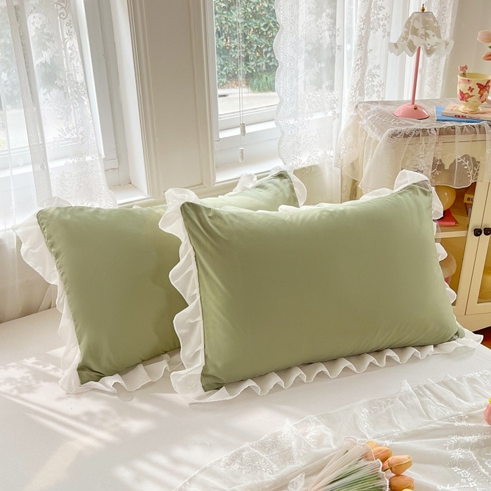 91家纺网 家纺一手货源 找家纺 梦舒羽  2025新款针织棉双层纱花边枕头套双人枕套枕芯套宿舍单人枕头内胆套 花边款-豆绿