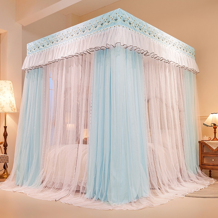 91家纺网 家纺一手货源 找家纺 锦逸家居 2025新款双层遮光防蚊落地蚊帐 清新蓝