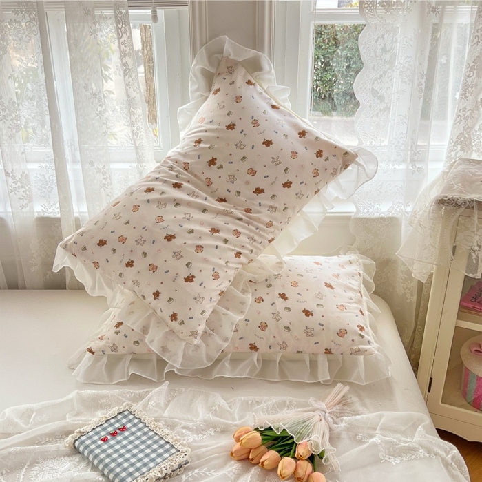 91家纺网 家纺一手货源 找家纺 梦舒羽  2025新款针织棉双层纱花边枕头套双人枕套枕芯套宿舍单人枕头内胆套 花边款-蛋糕萌犬