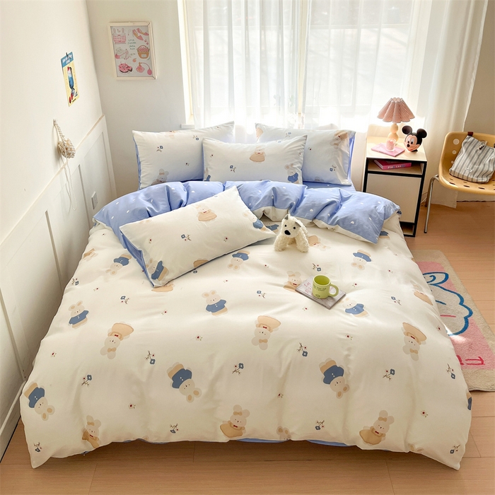 91家纺网 家纺一手货源 找家纺  本制 2025新款12868全棉印花四件套 起司兔-蓝