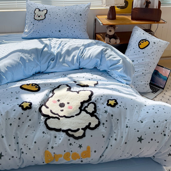 91家纺网 家纺一手货源 找家纺 罗亿家纺 2025新款云朵棉可爱毛巾绣系列四件套 星空线条狗