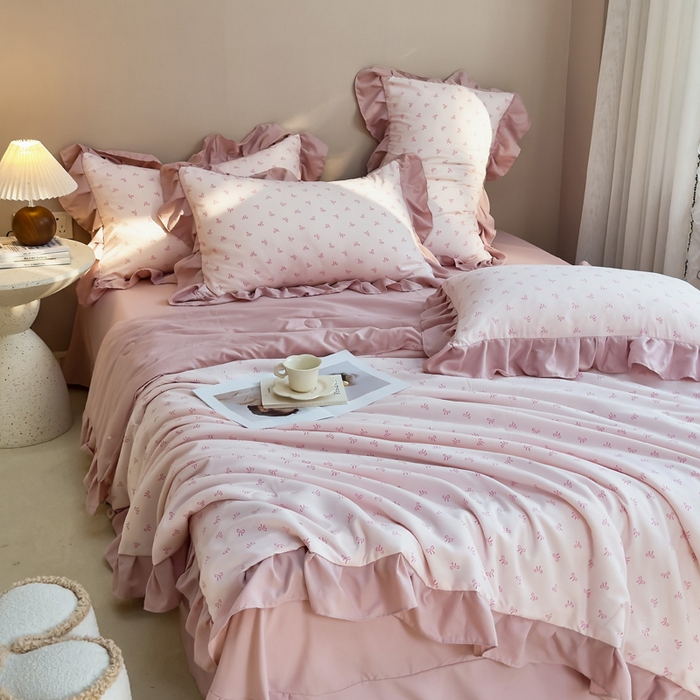 91家纺网 家纺一手货源 找家纺 梦莱斯2025新款针织棉夏被四件套 小蝴蝶结