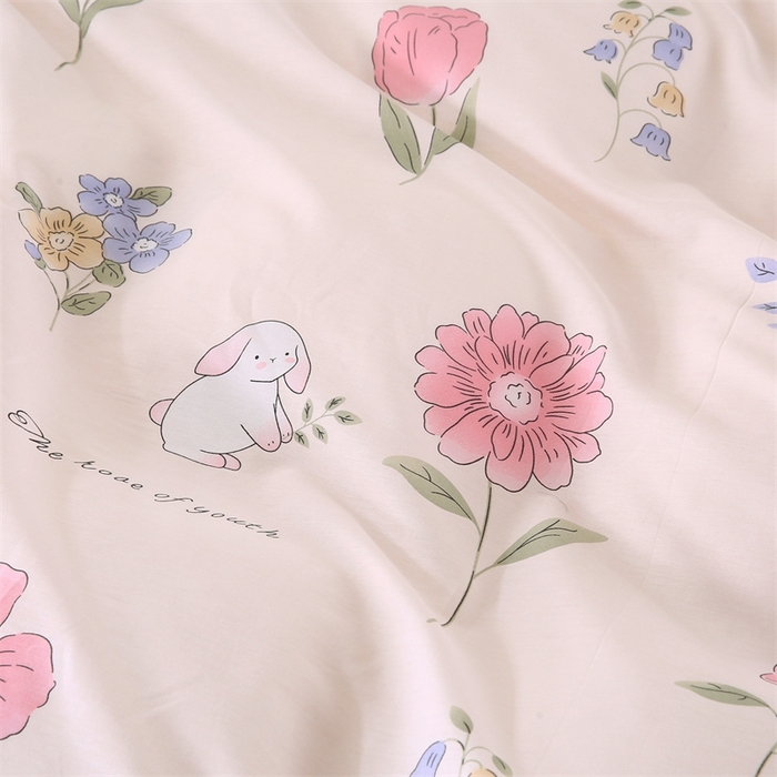 91家纺网 家纺一手货源 找家纺 梦舒羽2025新款全棉小清新印花加厚宿舍床单床裙款四件套 花丛小兔-全棉