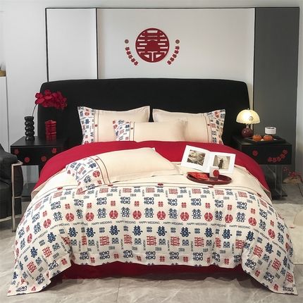 91家纺网 家纺一手货源 找家纺 （总）床绮 2025新款百喜印花婚庆四件套-风格一